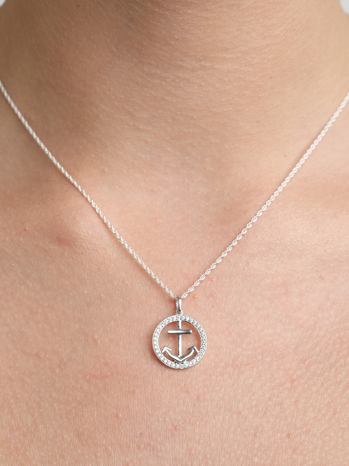 CLARA 925 Sterling Silver Anchor Halo Pendant Chain Necklace