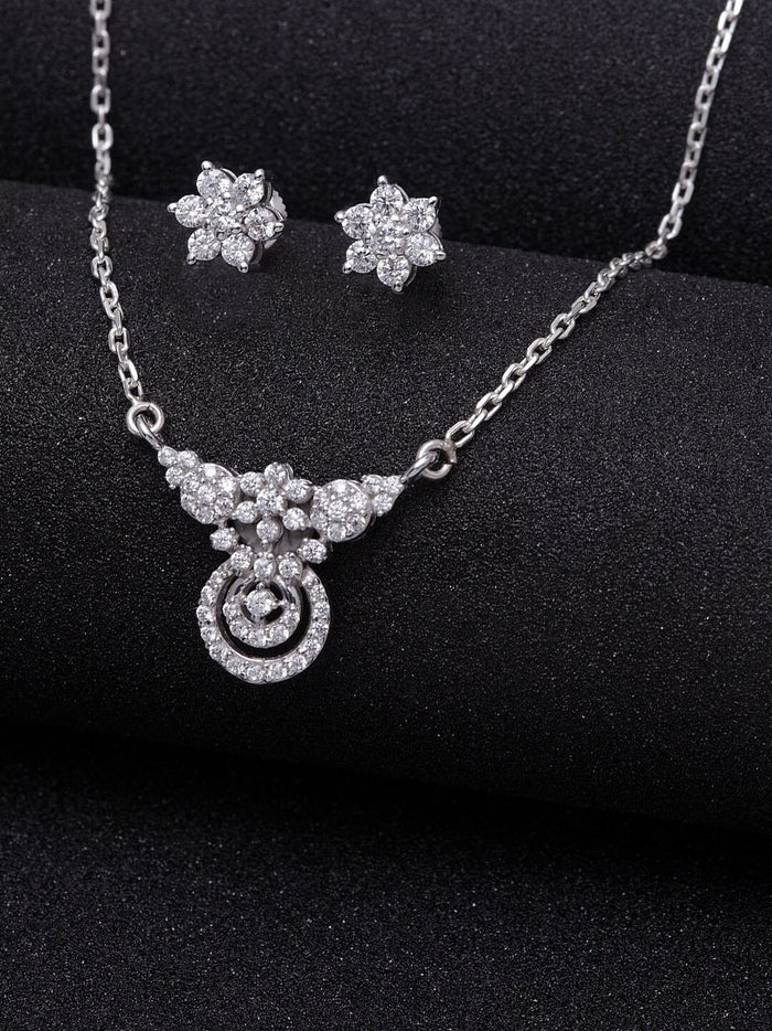 CLARA 925 Sterling Silver Rhodium Plated Aria Pendant Earring Necklace Set with Chain Gift for Women and Girls