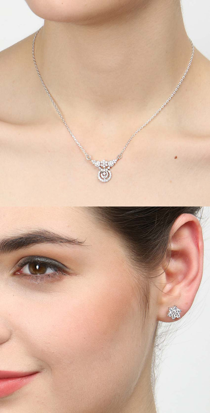 CLARA 925 Sterling Silver Rhodium Plated Aria Pendant Earring Necklace Set with Chain Gift for Women and Girls