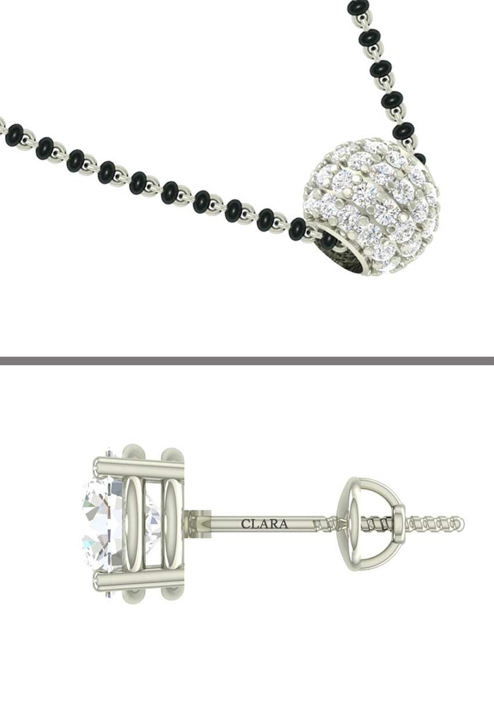 CLARA 925 Sterling Silver Ball Mangalsutra Tanmaniya Pendant Earring Jewellery Set with Chain Gift for Women and Girls