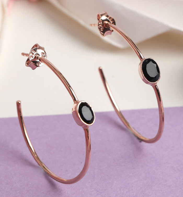 CLARA 925 Sterling Silver Black onyx Hoop Earring Rose Gold Plated Gift for Women & Girls