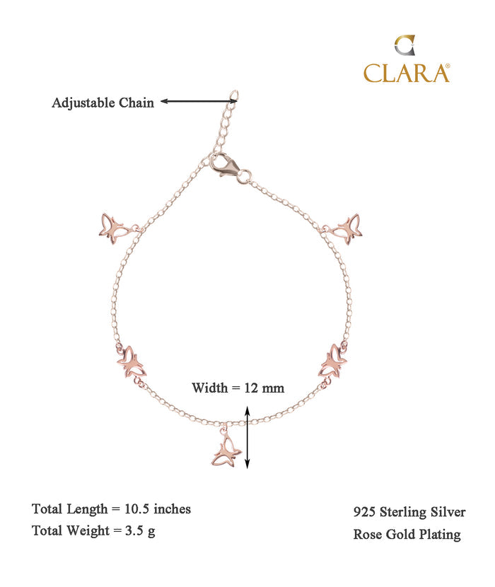 CLARA 925 Sterling Silver Butterfly Anklet Payal ( Single ) Adjustable Chain, Rose Gold Plated Gift for Women and Girls