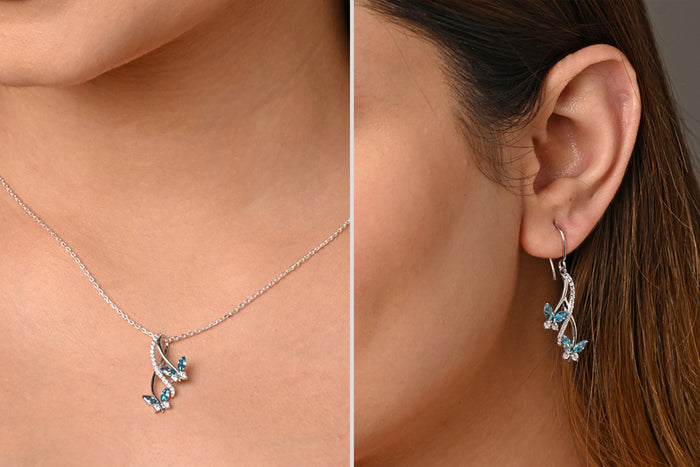 CLARA 925 Sterling Silver Butterfly Pendant Earring Chain Jewellery Set