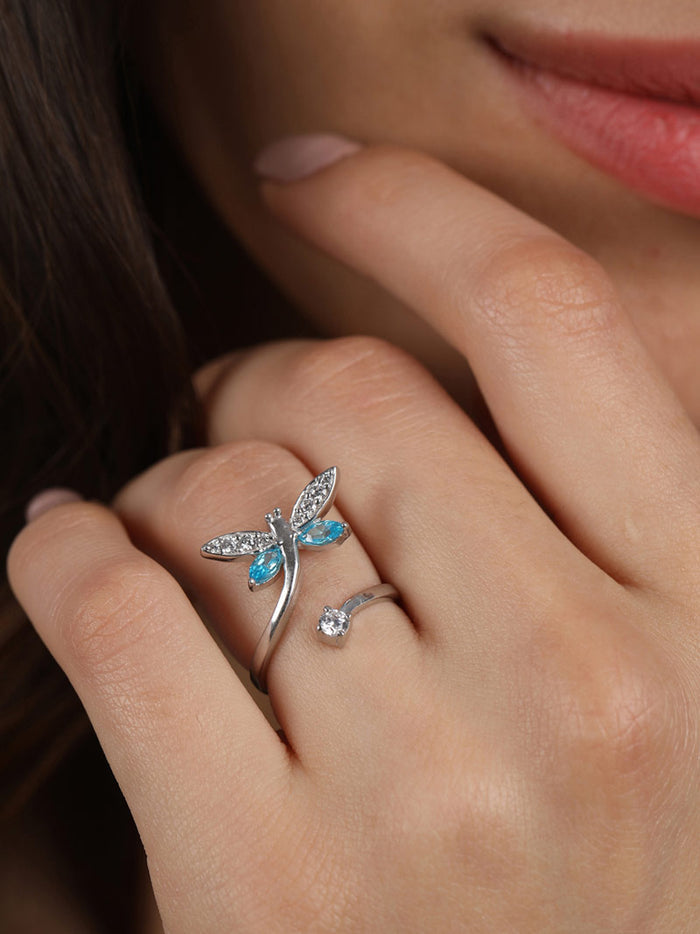 CLARA 925 Sterling Silver Butterfly Open Ring Size Adjustable, Rhodium Plated, Swiss Zirconia Gift for Women & Girls