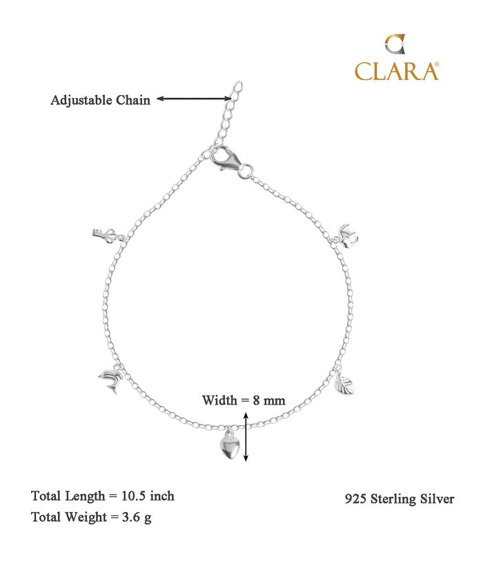 CLARA 925 Sterling Silver Charm Anklet Payal ( Single ) Adjustable Chain Gift for Women and Girls