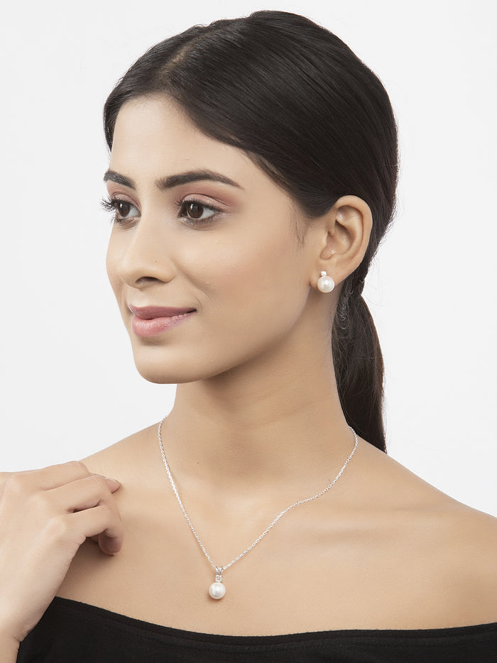 Clara 92.5 Sterling Silver Classic Pearl Pendant Earrings Set with Chain Jewellery Set Gift for Women and Girls