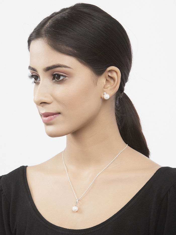 Clara 92.5 Sterling Silver Classic Pearl Pendant Earrings Set with Chain Jewellery Set Gift for Women and Girls