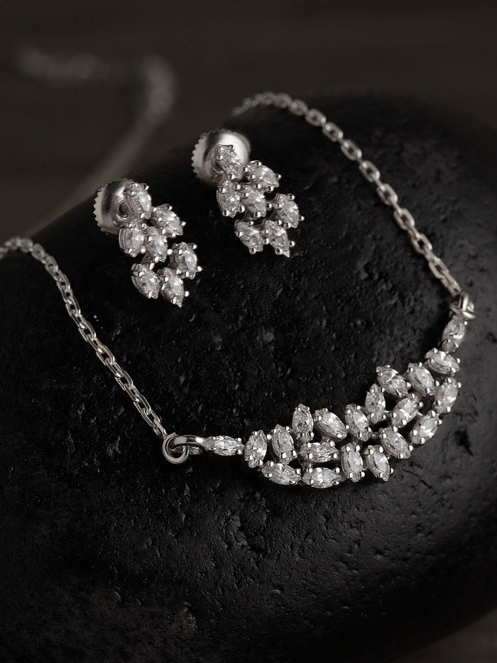 CLARA 925 Sterling Silver Rhodium Plated Daisy Pendant Earring Necklace Set with Chain Gift for Women and Girls