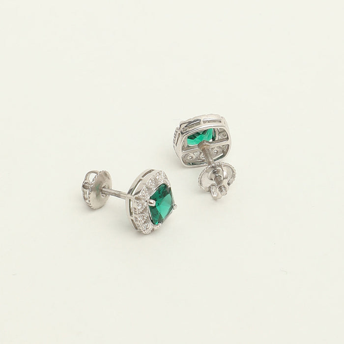 Silver Dark Green Cushion Earring