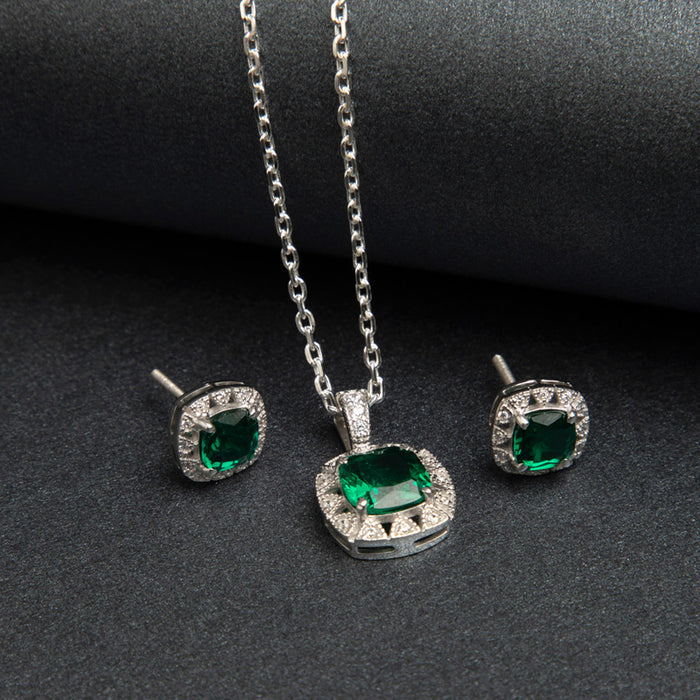 CLARA 925 Sterling Silver Dark Green Cushion Pendant Earring Chain Jewellery Set | Rhodium Plated, Swiss Zirconia | Gift for Women & Girls