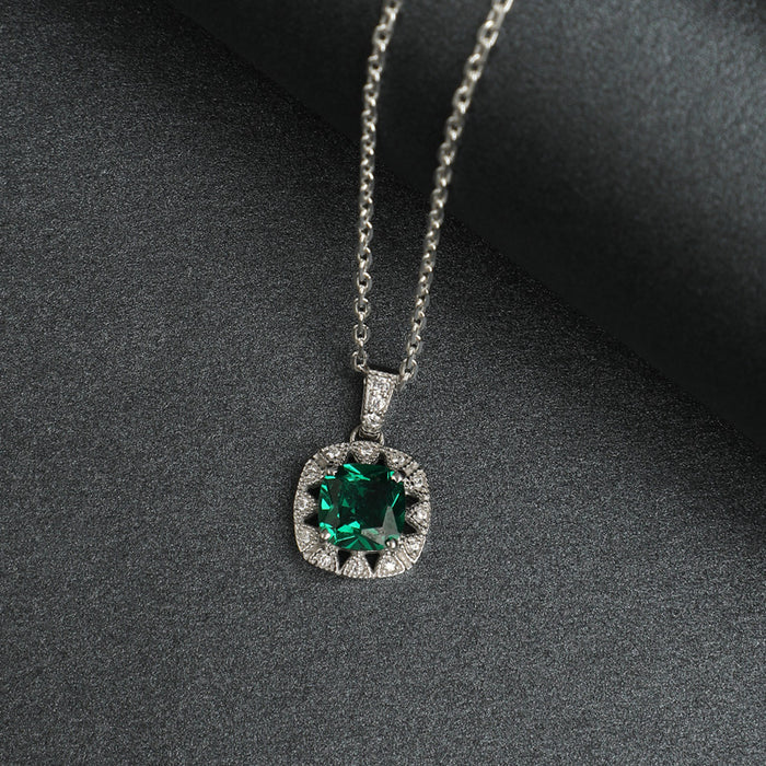 CLARA 925 Sterling Silver Dark Green Cushion Pendant | Rhodium Plated, Swiss Zirconia | Gift for Women & Girls