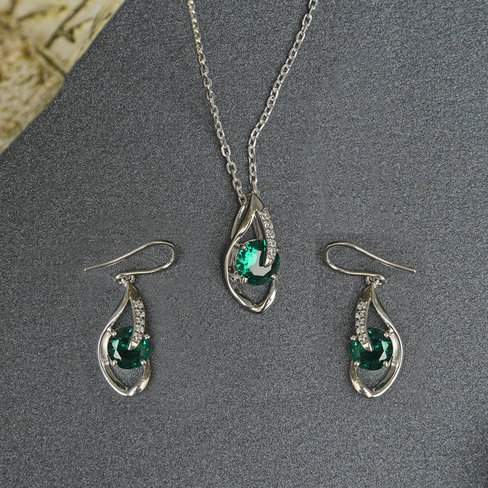 CLARA 925 Sterling Silver Dark Green Eye Pendant Earring Chain Jewellery Set | Rhodium Plated, Swiss Zirconia | Gift for Women & Girls