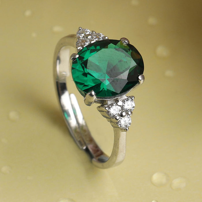CLARA 925 Sterling Silver Dark Green Oval Ring with Adjustable Band | Rhodium Plated, Swiss Zirconia | Gift for Women & Girls