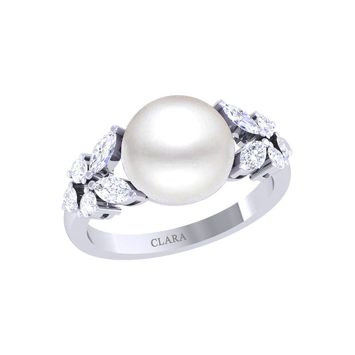 Silver Diamond Cut Zirconia Pearl Ring
