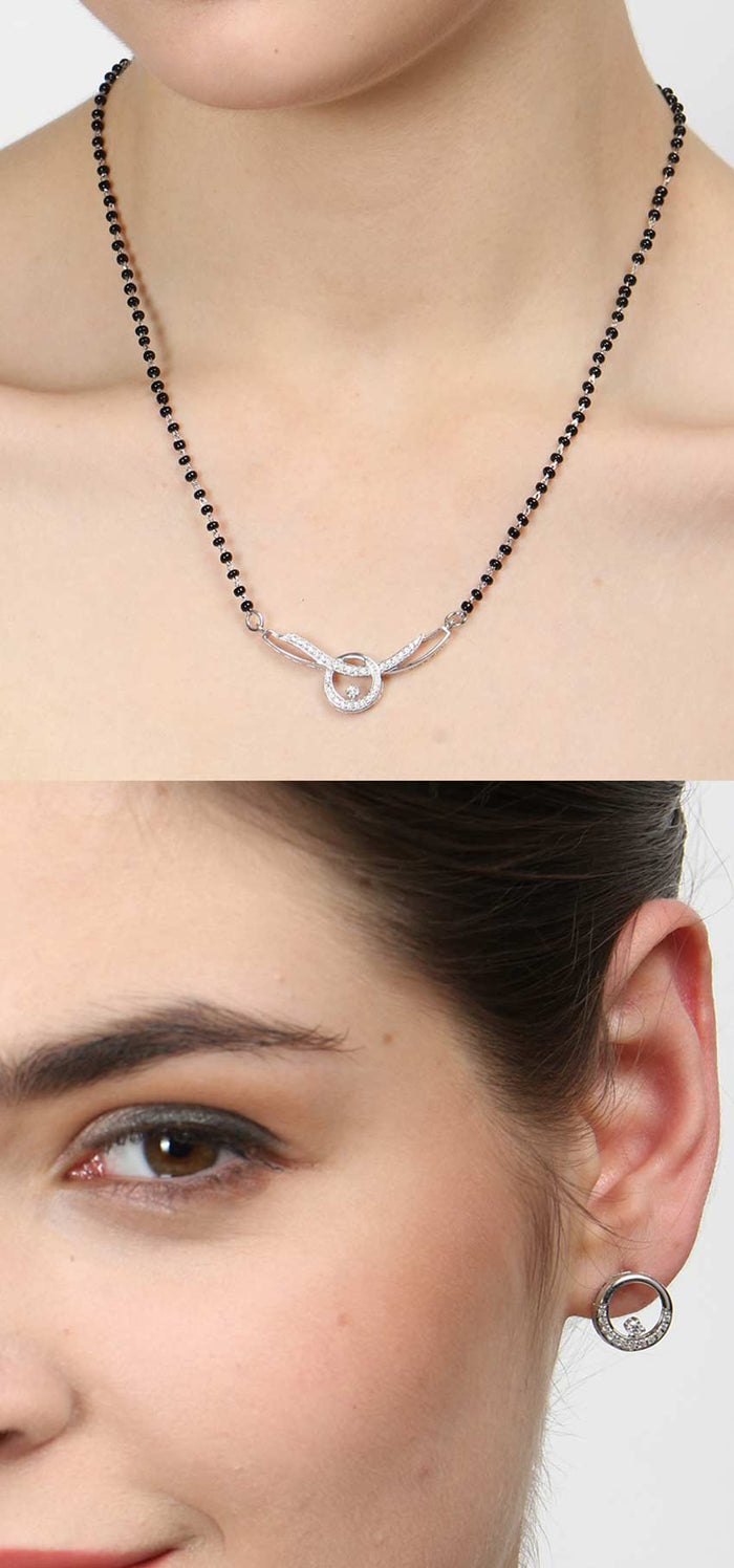 CLARA 925 Sterling Silver Evie Mangalsutra Tanmaniya Pendant Earring Jewellery Set with Chain Gift for Women and Girls
