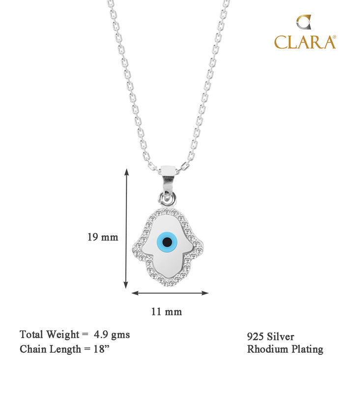 CLARA 925 Sterling Silver Evil Eye Hamsa Hand Pendant Chain Necklace