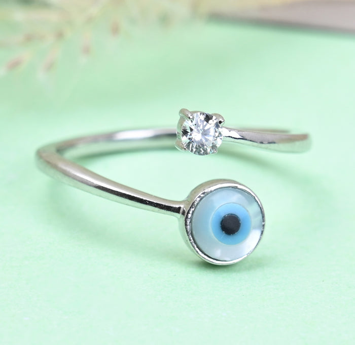 CLARA Pure 925 Sterling Silver Evil Eye Finger Ring with Adjustable Band