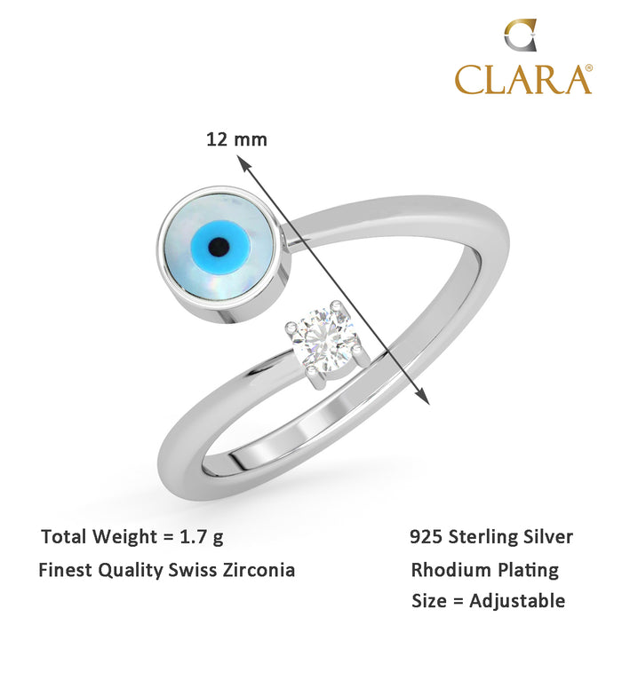 CLARA Pure 925 Sterling Silver Evil Eye Finger Ring with Adjustable Band