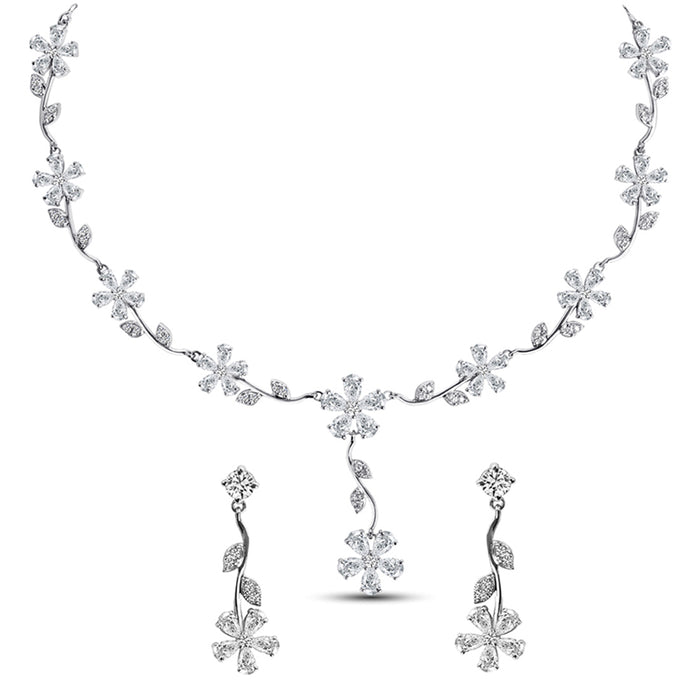 Silver Flower Necklace Jewellery Set