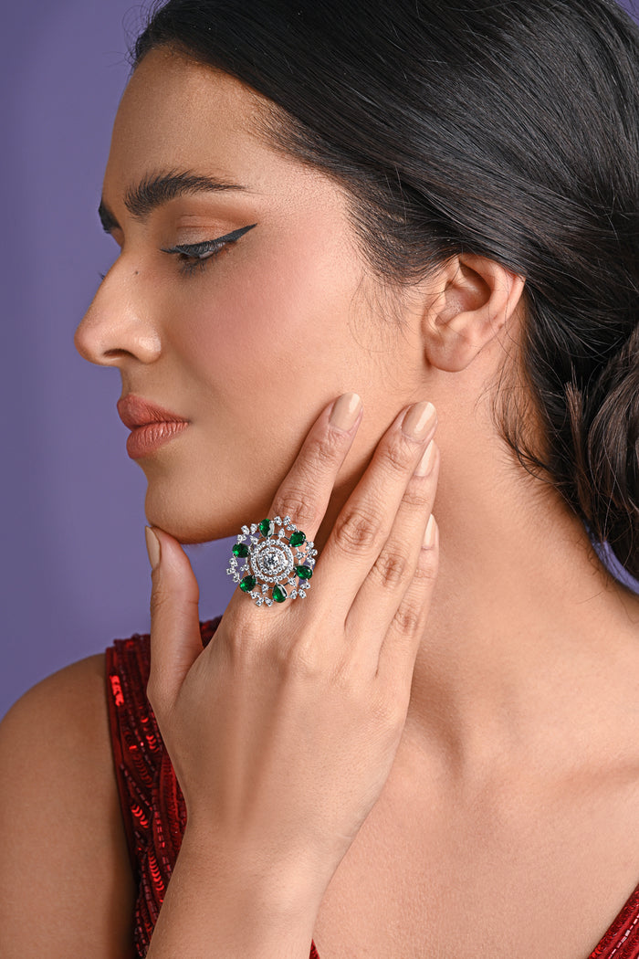 Clara 925 Sterling Silver Green Adjustable Cocktail Ring