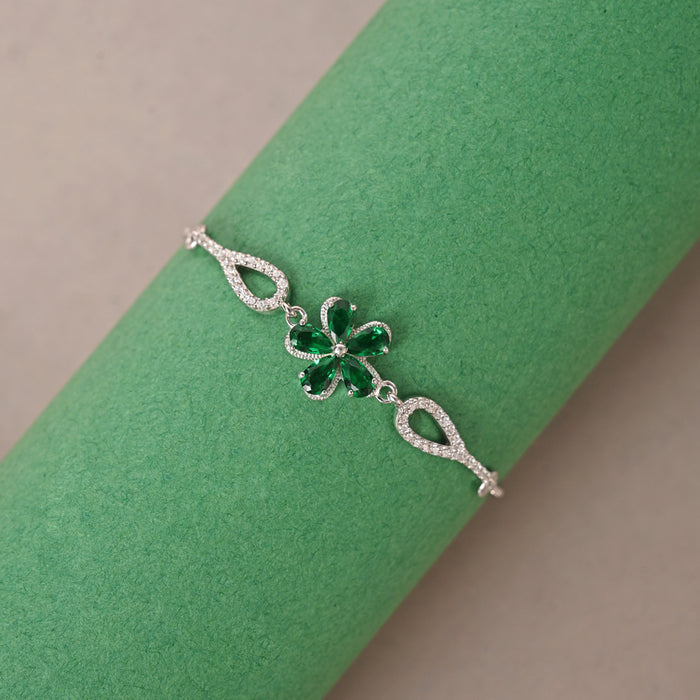 CLARA 925 Pure Silver Green Flower Hand Bracelet