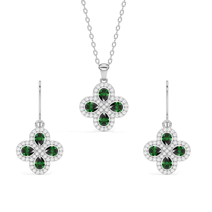 Silver Green Flower Jewellery Set