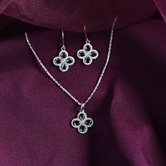 CLARA 925 Sterling Silver Green Flower Pendant Earring Chain Jewellery Set