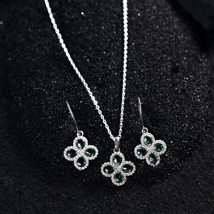 CLARA 925 Sterling Silver Green Flower Pendant Earring Chain Jewellery Set