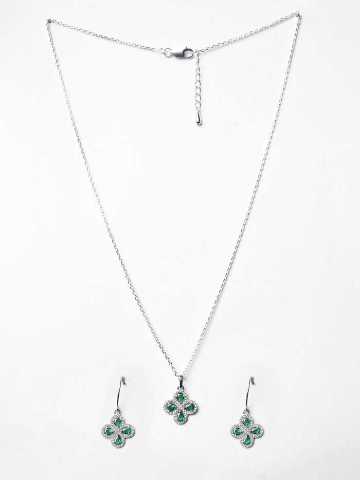 CLARA 925 Sterling Silver Green Flower Pendant Earring Chain Jewellery Set