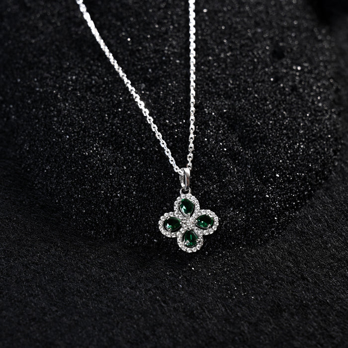 CLARA 925 Sterling Silver Green Flower Pendant Chain Necklace