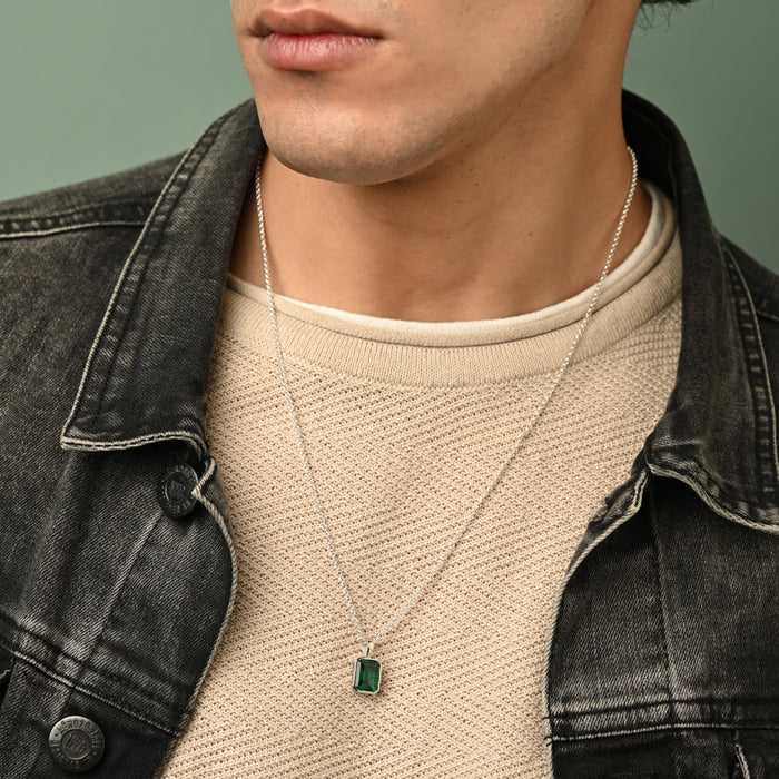 Silver Green Solitaire Men Pendant Necklace with Chain or without Chain