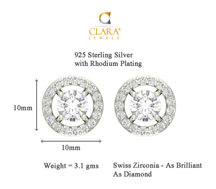 CLARA 925 Sterling Silver Rhodium Plated Halo Pendant Earring Necklace Set with Chain Gift for Women and Girls