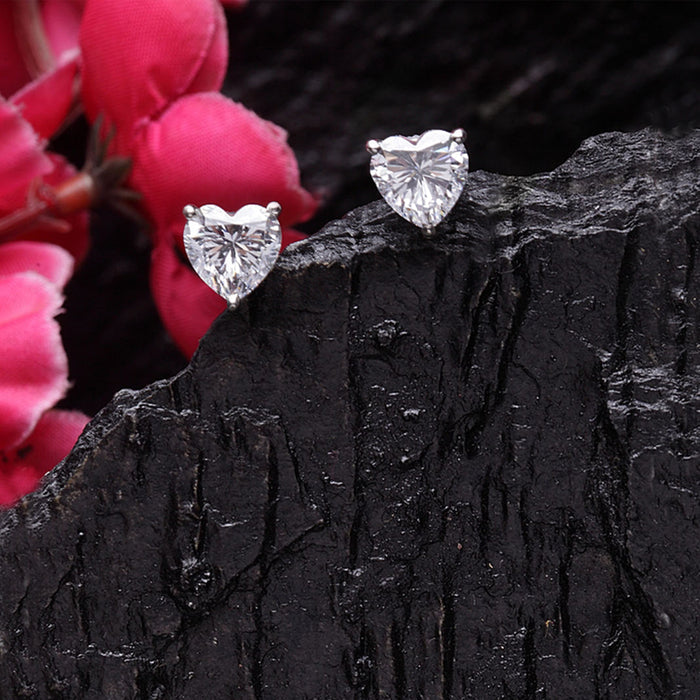 Clara 92.5 Sterling silver White Gold Plated Heart Solitaire Stud Earring Screw Back For Women & Girls