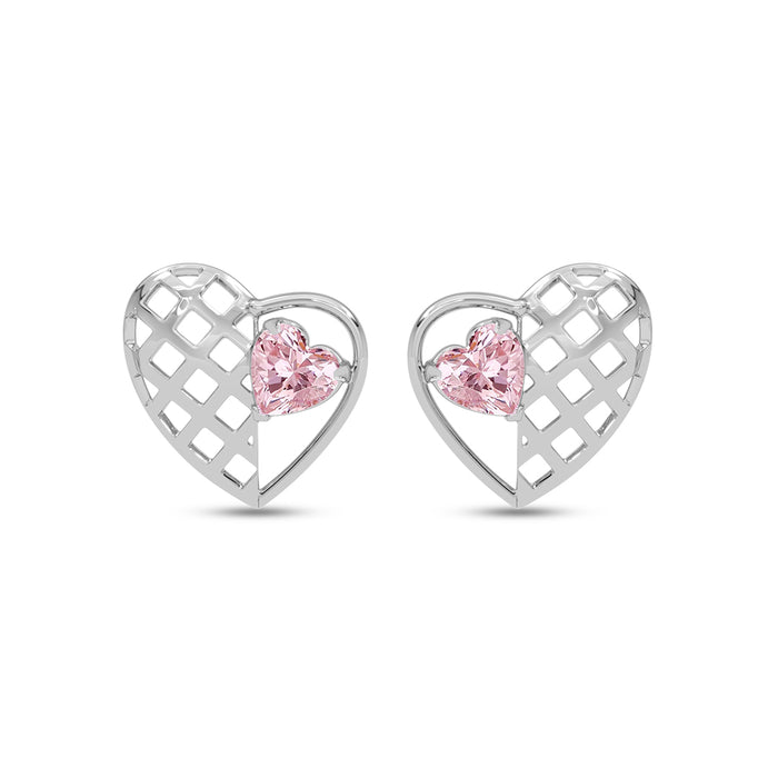 Silver Iris Pink Heart Stud Earrings