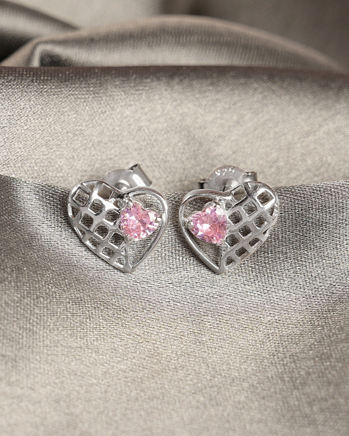 Silver Iris Pink Heart Stud Earrings