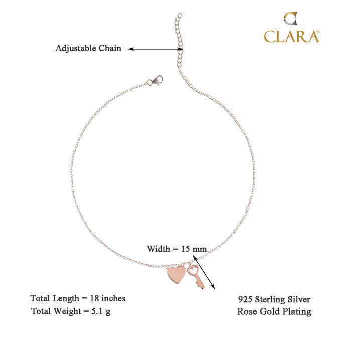 CLARA 925 Sterling Silver Key & Heart Charm Necklace Chain