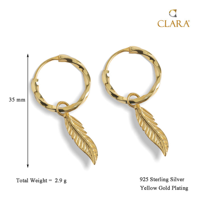 CLARA 925 Sterling Silver Leaf Hoop Drop Earring Gold Plated Gift for Women & Girls