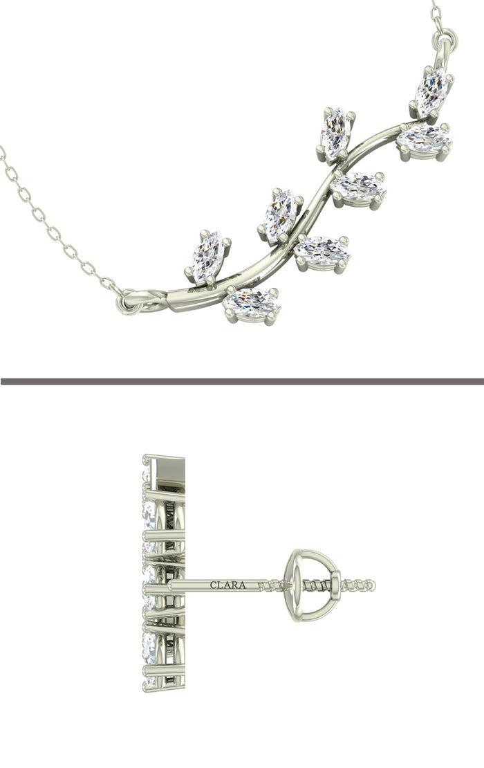 CLARA 925 Sterling Silver Rhodium Plated Leaf Pendant Earring Necklace Set with Chain Gift for Women and Girls