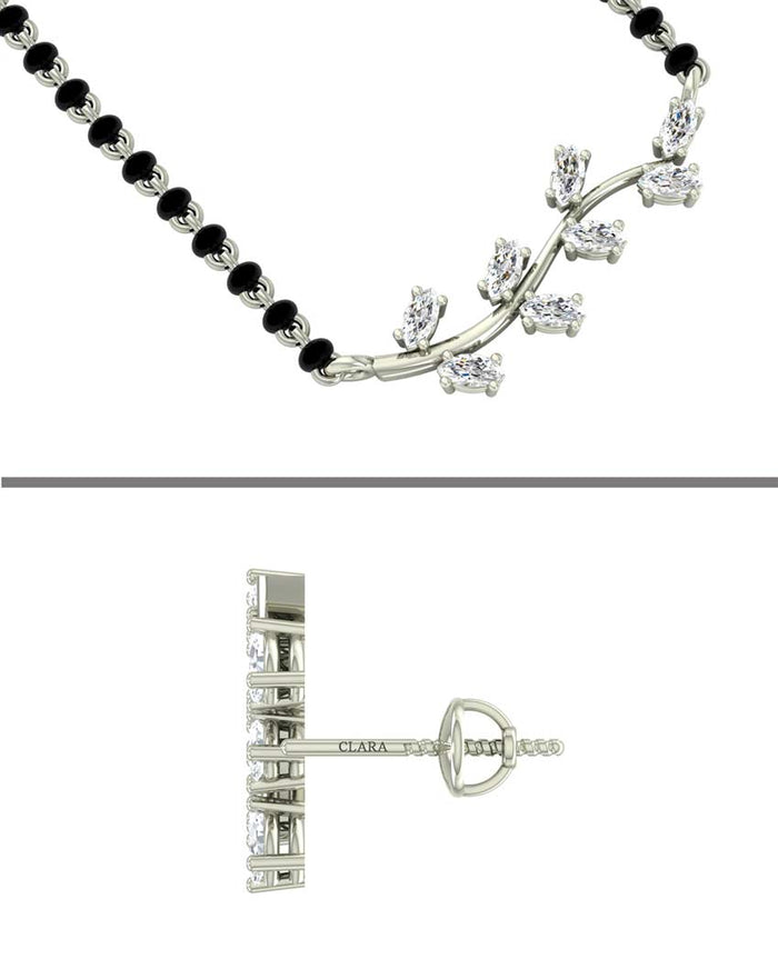 CLARA 925 Sterling Silver Leaf Mangalsutra Tanmaniya Pendant Earring Jewellery Set with Chain Gift for Women and Girls