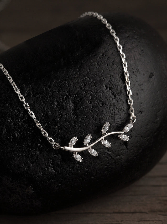 CLARA 925 Sterling Silver Rhodium Plated Leaf Pendant with Chain Gift for Women & Girls