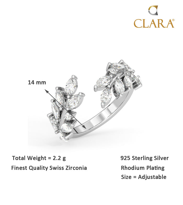 CLARA Pure 925 Sterling Silver Leafy Finger Ring with Adjustable Band