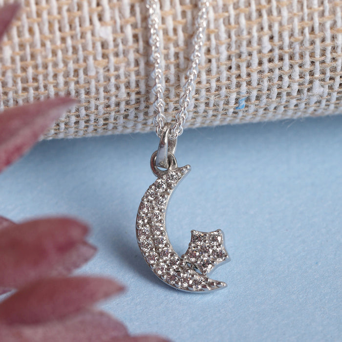 CLARA 925 Sterling Silver Moon Star Pendant Chain Necklace