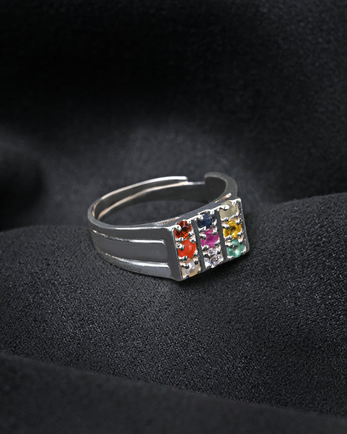 Clara 92.5 Sterling Silver Natural Certified Navaratna Stone Original 9 gems Adjustable Ring for Men and Boys