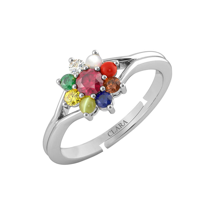 Clara 92.5 Sterling Silver Natural Certified Navaratna Stone Original Nine gems Adjustable Ring for Women and Girls