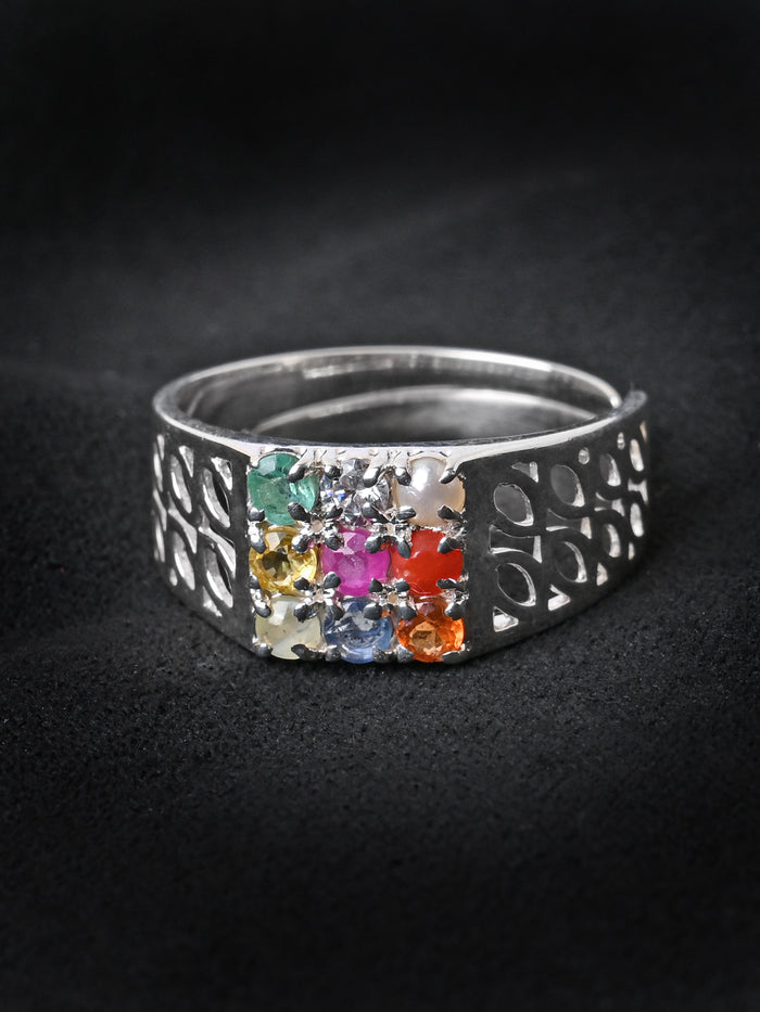 Clara 925 Sterling Silver Natural Certified Navratna Stone Nine gems Adjustable Ring for Men and Boys
