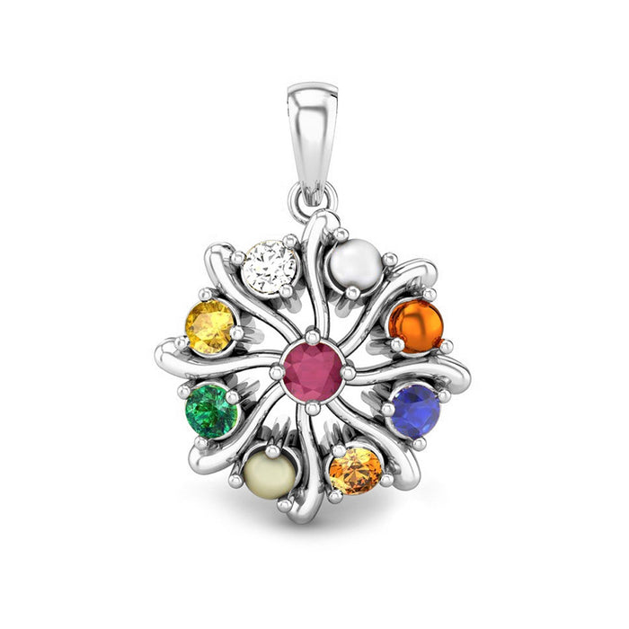 Clara 92.5 Sterling Silver Natural Certified Navratna Stone Nine Planets Pendant Locket for Men and Women