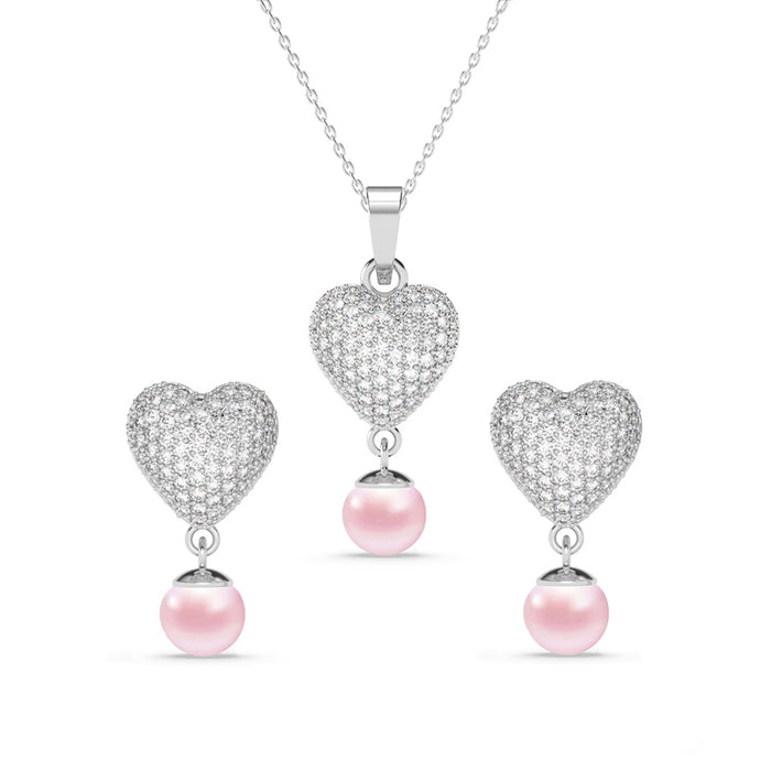Silver Nazy Pink Pearl Heart Jewellery Set