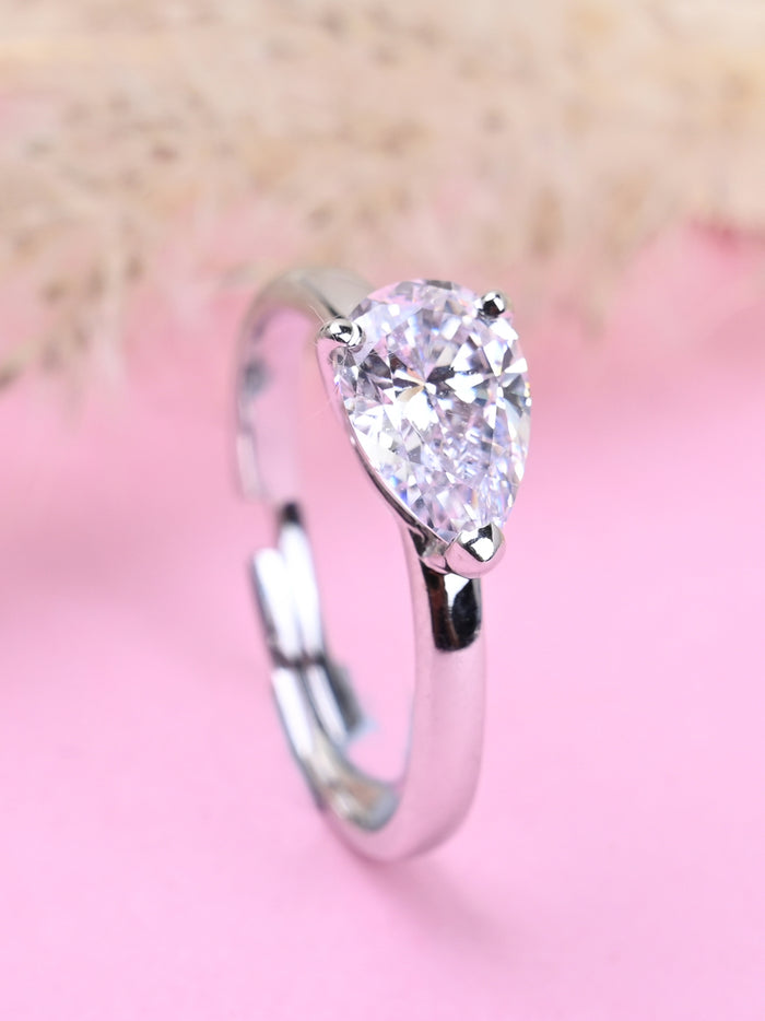 CLARA Pure 925 Sterling Silver Pear Classic Finger Ring with Adjustable Band