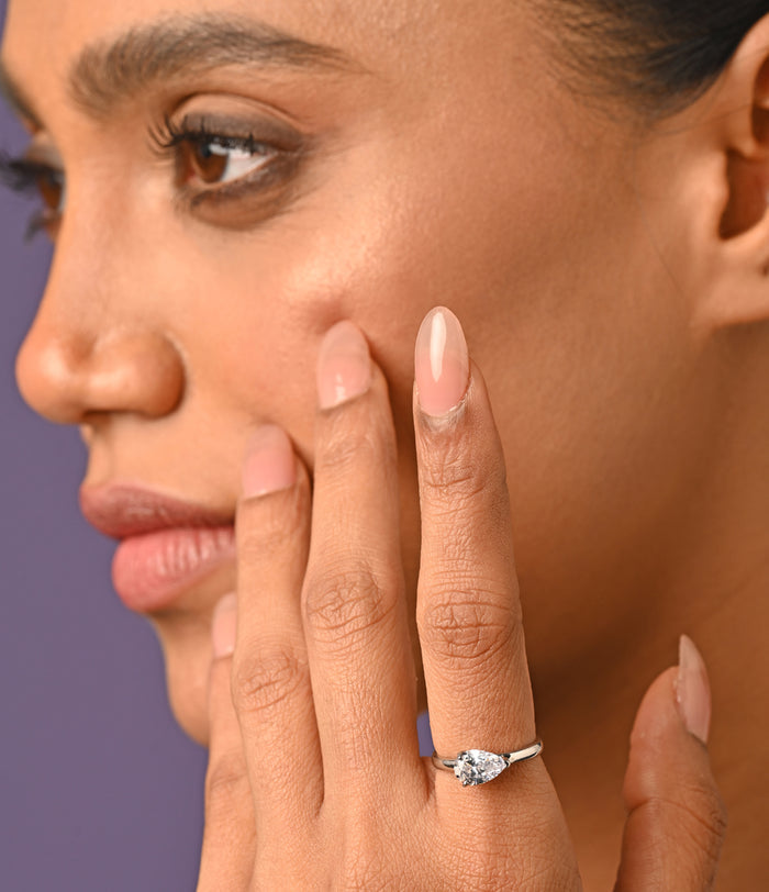 CLARA Pure 925 Sterling Silver Pear Classic Finger Ring with Adjustable Band