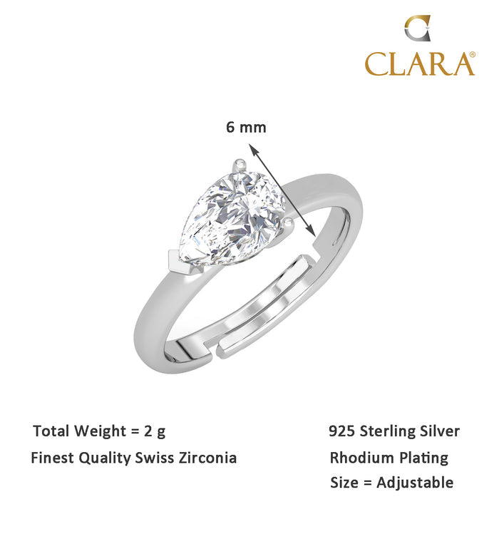 CLARA Pure 925 Sterling Silver Pear Classic Finger Ring with Adjustable Band